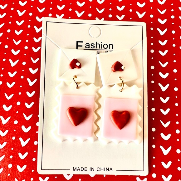 Valentine Love Letter Polymer Clay Pierced Earrings Envelope Heart Postage Stamp - Picture 1 of 6